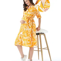 Bella Mama Woven Three Fourth Sleeves Maternity Shirt Dress with Side Pocket Leafy Print -Yellow-picture-19