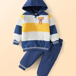 Babyhug Terry Knit Full Sleeves Front-Zipper Hooded T-Shirt with Sport Patch & Lounge Pant Set - Navy Blue & Yellow-picture-35