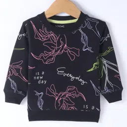 Doreme Terry Knit Full Sleeves Sweatshirt With Floral & Text Print - Black-picture-25