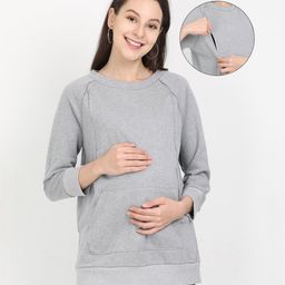 The Mom Store Cotton Full Sleeves Solid Maternity Sweatshirt With Zip Nursing Access - Grey-picture-9