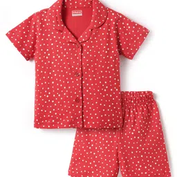 Babyhug Cotton Knit Half Sleeves Shorts Co-Ord Night Suit With Polka Dot Print - Red-picture-16