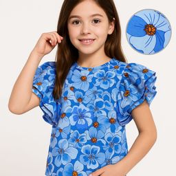 Pine Kids Cotton Knit Frill Sleeves Top With Floral Print - Blue-picture-7
