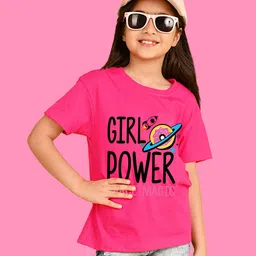 NUSYL Cotton Blend Half Sleeves Girl Power Text Printed Oversized Tee - Hot Pink-image-42