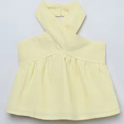 Taffykids Cotton Linen Woven Sleeveless Solid Halter Neck Detailed Peplum Top - Butter Yellow-image-27