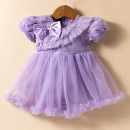 Mark & Mia Woven Half Puffed Sleeves Mesh Frock Style Party Onesie with Bow Applique - Lavender-picture-28