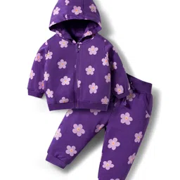 Doodle Poodle 100% Cotton Terry Knit Full Sleeves Light Weight Co-ords Winter Wear Hooded Top & Lounge Pant Set with Floral Print - Purple-picture-14