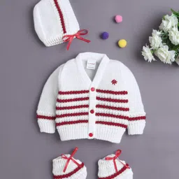 BUMZEE Knit Full Sleeves Striped Cardigan With Caps & Socks - White & Maroon-picture-15
