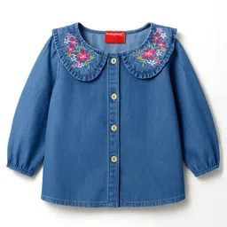 Babyhug Woven Full Sleeves Peter Pan Collar Front Open Denim Top With Floral Embroidery - Blue-picture-17