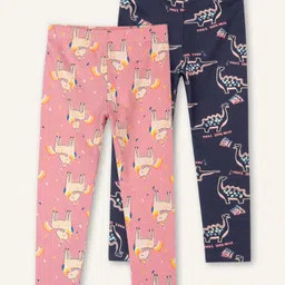Ariel Cotton Knit Pack Of 2 Unicorn & Dinosaur Printed Leggings - Orange & Navy Blue-picture-18