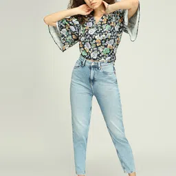 IZEL Women Floral Printed Flared Sleeve Satin Crop Top image 5
