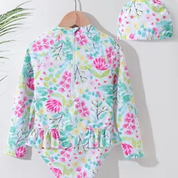 Pine Kids Full Sleeves V Cut Swimsuit with Cap Floral Print -  Multicolor image 2
