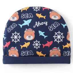 Babyhug 100% Cotton Knit Cap Mittens & Booties Set Shark Print - Navy Blue image 2