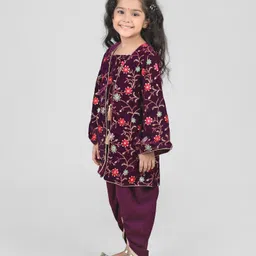Babyhug Woven Velvet Floral Embroidered Top With Dhoti & Three Fourth Sleeves Jacket Set - Wine image 2