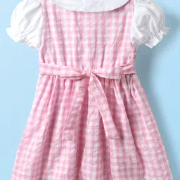 Babyhug Cotton Knit Half Puffed Sleeves Peter Pan Collared Frock with Strawberry Patch Detailing - Pink image 2