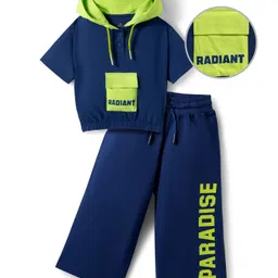 OLLINGTON ST. 100% Cotton Half Sleeves Hooded Top & Knit Pant Set - Navy Blue image 2