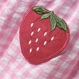 Babyhug Cotton Knit Half Puffed Sleeves Peter Pan Collared Frock with Strawberry Patch Detailing - Pink image 3