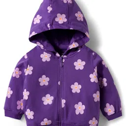 Doodle Poodle 100% Cotton Terry Knit Full Sleeves Light Weight Co-ords Winter Wear Hooded Top & Lounge Pant Set with Floral Print - Purple image 2