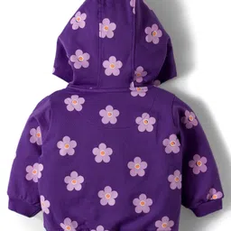 Doodle Poodle 100% Cotton Terry Knit Full Sleeves Light Weight Co-ords Winter Wear Hooded Top & Lounge Pant Set with Floral Print - Purple image 3