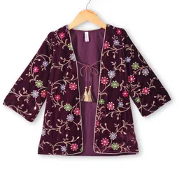Babyhug Woven Velvet Floral Embroidered Top With Dhoti & Three Fourth Sleeves Jacket Set - Wine image 5