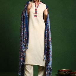 Varanga Embroidered Thread Work Mandarin Collar Straight Kurta with Trousers & Dupatta-picture-38