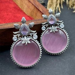 NAMAN ARTS Silver-Plated Stones Studded Circular Oxidised Drop Earrings-picture-8