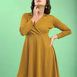 MILOST Women Mustard Solid Polyester V-Neck Long Sleeves Dress image 2