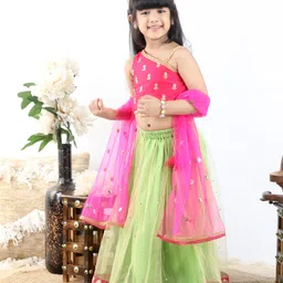 Babyhug Sleeveless Choli & Lehenga with Dupatta - Pink Green-picture-13