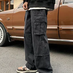 HERE&NOW Men Straight Fit Cargos Trousers 3002991-Black-picture-11