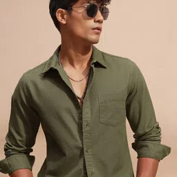HIGHLANDER Self Design Cutaway Collar Long Sleeves Slim Fit Casual Cotton Shirt-image-4