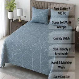 Threadwear Blue & White 400 TC Bedsheet with 2 Pillow Covers image 2
