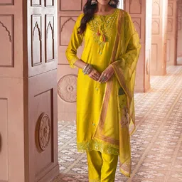 KALINI Women Floral Embroidered Regular Thread Work Chanderi Silk Kurta with Trousers & With Dupatta image 1