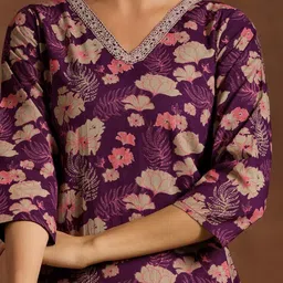 Tulip Eden Floral Printed V-Neck Lace Straight Kurta with Trousers & Dupatta image 2