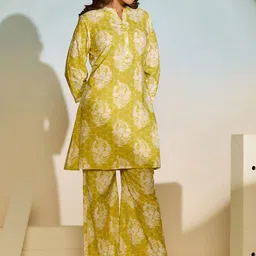 ARAVALII Floral Printed Mandarin Collar Pure Cotton Tunic With Palazzos Co-Ords image 2