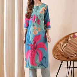 FASHOR Women Floral Printed Regular Pure Cotton Kurta with Trousers image 1