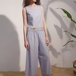 Vara By Vishudh Embroidered Round Neck Top With Trousers Co-Ords-picture-23