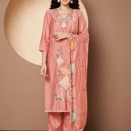Poshak Hub Women Floral Embroidered Regular Thread Work Kurta with Palazzos & With Dupatta-image-14