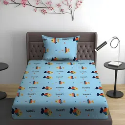 WEAVE AND DECOR Blue Conversational 300 TC Single Bedsheet with 1 Pillow Covers-picture-27