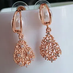 Shrim jewels Brass-Plated Stones Studded And Beaded Teardrop Shaped Drop Earrings image 4