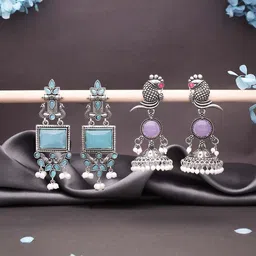 Sangria Set Of 2 Silver-Plated Stones Studded & Beaded Peacock Shaped Drop Earrings-image-67