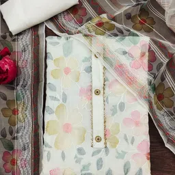 BlissFlair Floral Printed Thread Work Pure Cotton Unstitched Dress Material image 2