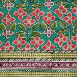 Fabindia Teal Green & Pink Floral Printed Cotton 8 Seater Rectangle Table Cover image 2
