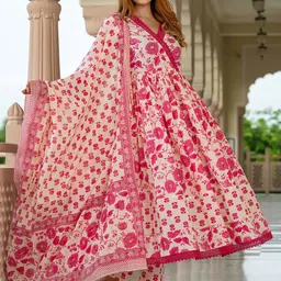 KALINI Floral Printed Anarkali Pure Cotton Kurta With Trousers & Dupatta image 2