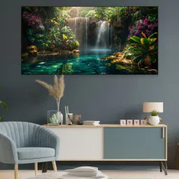 nestroots Black Canvas Framed Woodland Waterfall Serenity Wall Painting(18X36 Inch)-picture-34