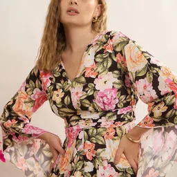 CORSICA Floral Print Flutter Sleeves Pleated A-Line Mini Dress image 3