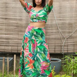 Sol Studio Printed V-Neck Pure Cotton Top With Skirt-image-11