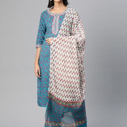 Readiprint Fashions Women Floral Printed Mirror Work Cotton Kurta with Palazzos & Dupatta-picture-1