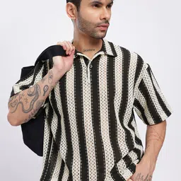 glitchez Polo Collar Monochrome Open Weave Knit Oversized T-shirt-picture-55