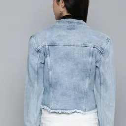Mast & Harbour Women Washed Denim Jacket With Mock Pocket & Frayed Hem Detail image 2