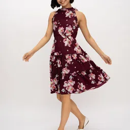 AASK Women Wine Printed Delta Crepe Fit and Flare Knee Length Dress image 4