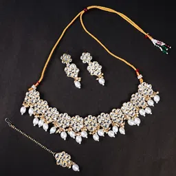 Bamboo Tree Jewels Silver-Plated Kundan Studded & Beaded Jewellery Set-image-11